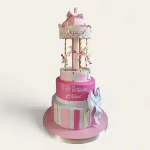 Torta Scenografica Battesimo Rosa indimenticabile con Giostra e Cavallini