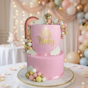Torta Baby Shower Rosa "Oh Baby" con Orsetto, Arcobaleno e Palloncini Boho