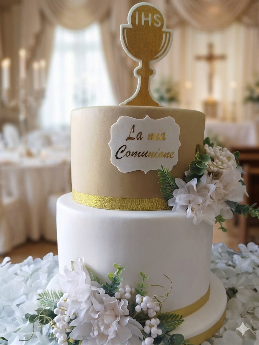 Torta Prima Comunione Elegance: Bianco, Oro e Fiori Freschi